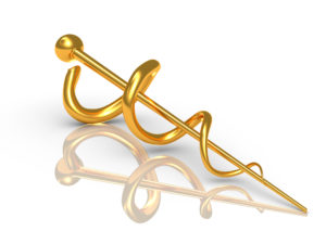 Caduceus medical symbol as a health care and medicine icon with snakes crawling on a pole on golden metal texture isolated on a white background and mirror plane.